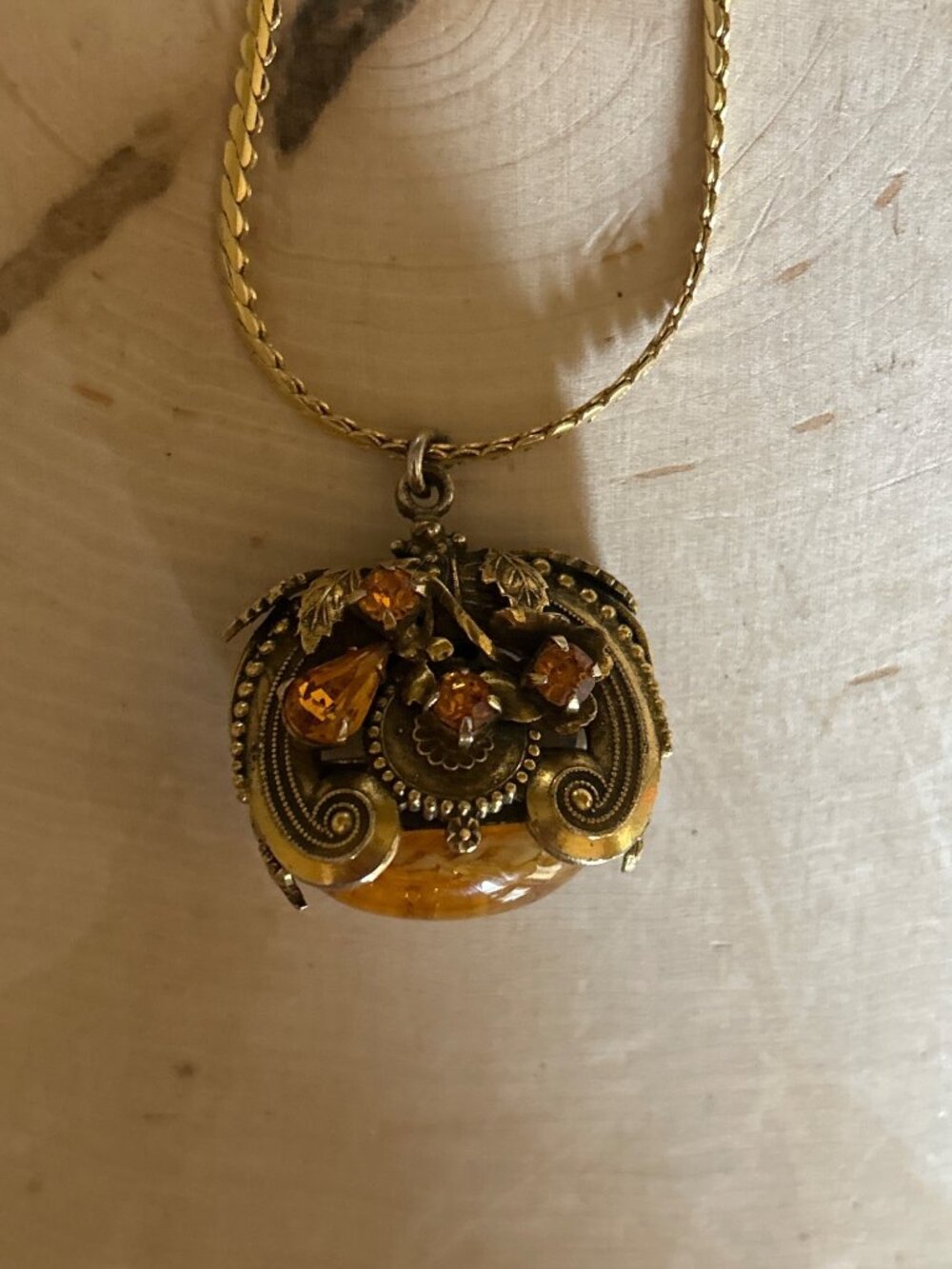 Vintage Gold-Tone Necklace Victorian Revival Pendant & Amber Cabochon Antiqued